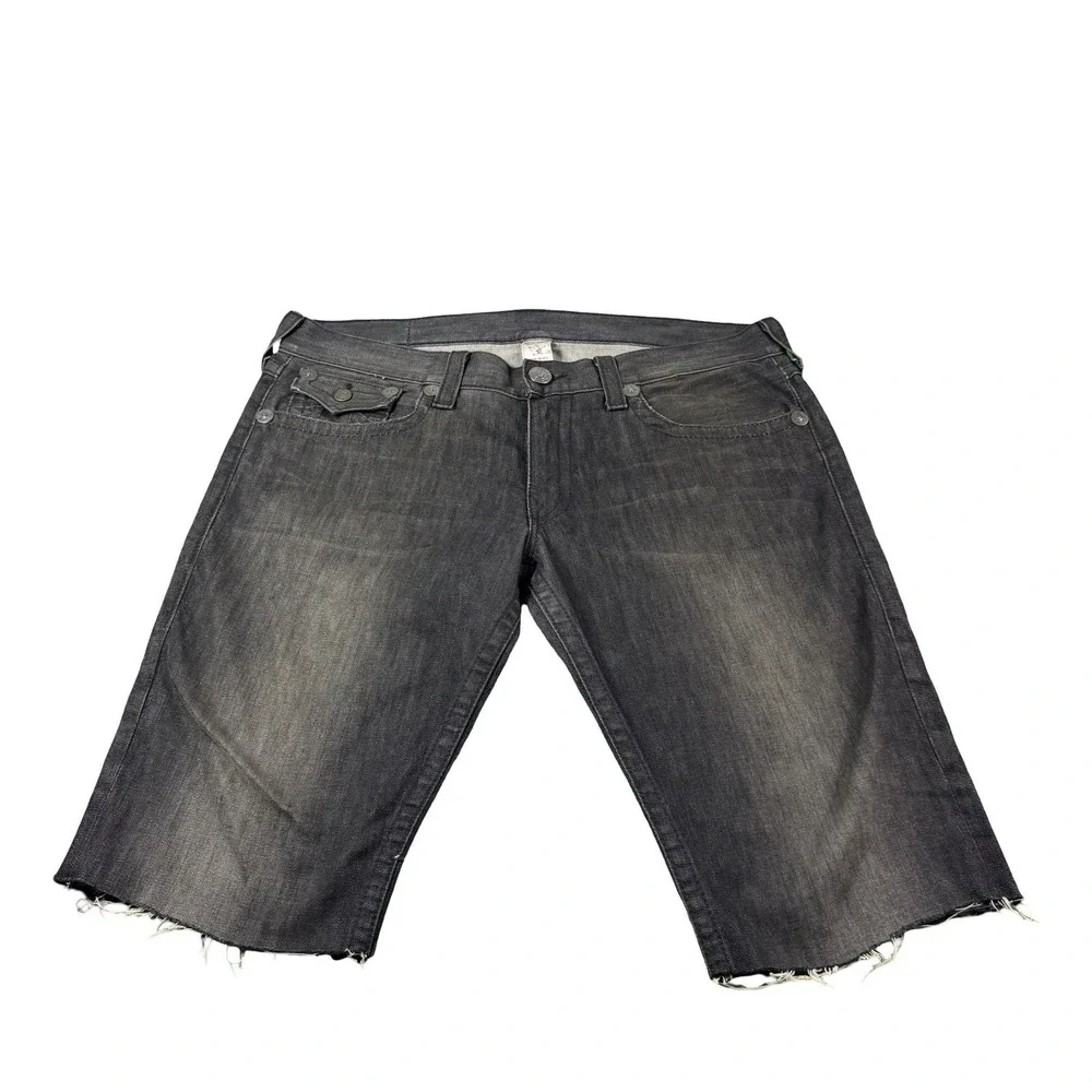 True Religion Black Straight Fit USA Jean Shorts Size 38 Cutoff